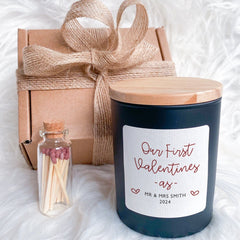 Our First Valentines as Mr & Mrs Last Name Happy Valentine's Day Candle Gift for Newlywed Her Him Soy Wax Candle Vegan Wife Husband