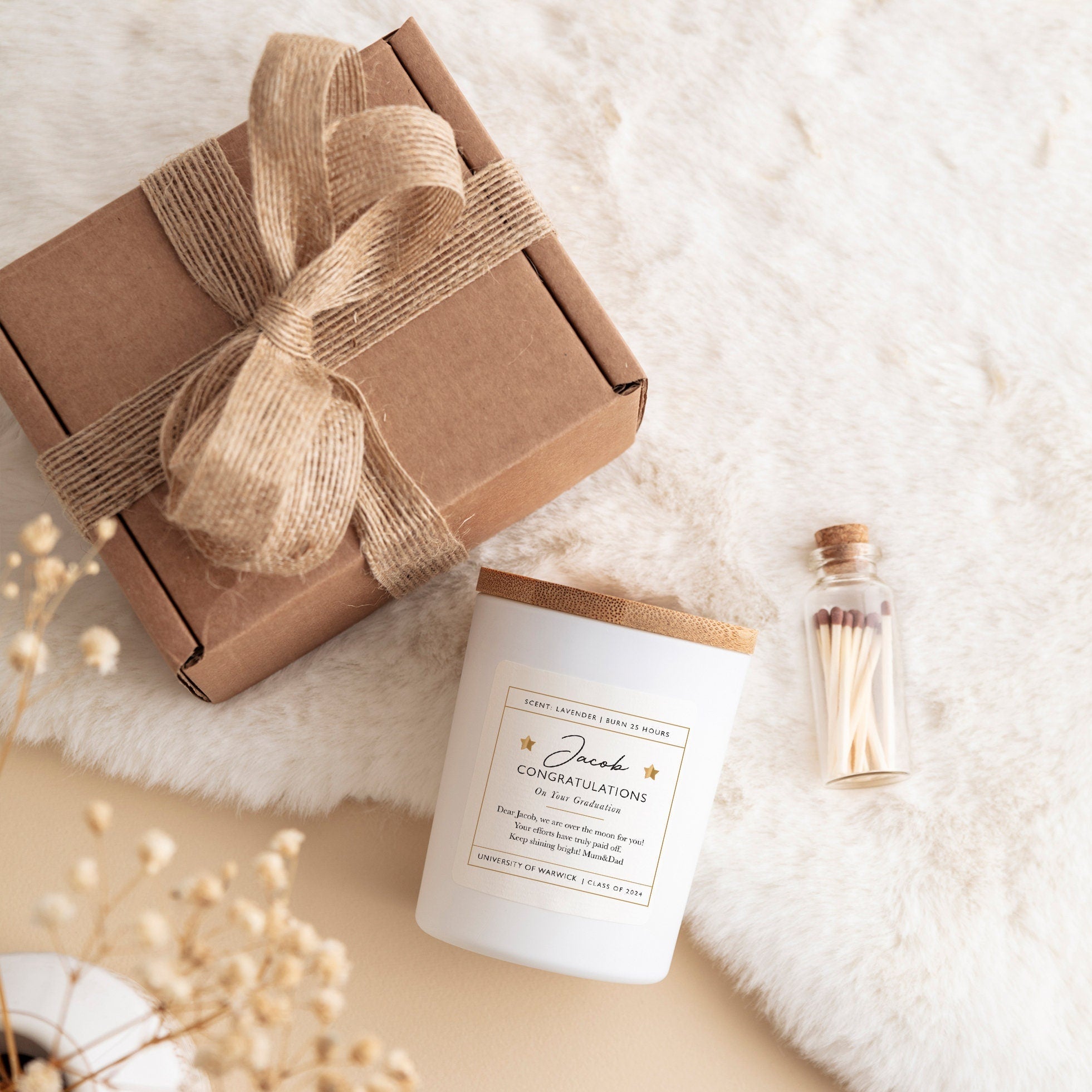 Personalisation Congratulations on your graduation scented candle with text university Class of 2024 gift for her him Well Done Proud Of You