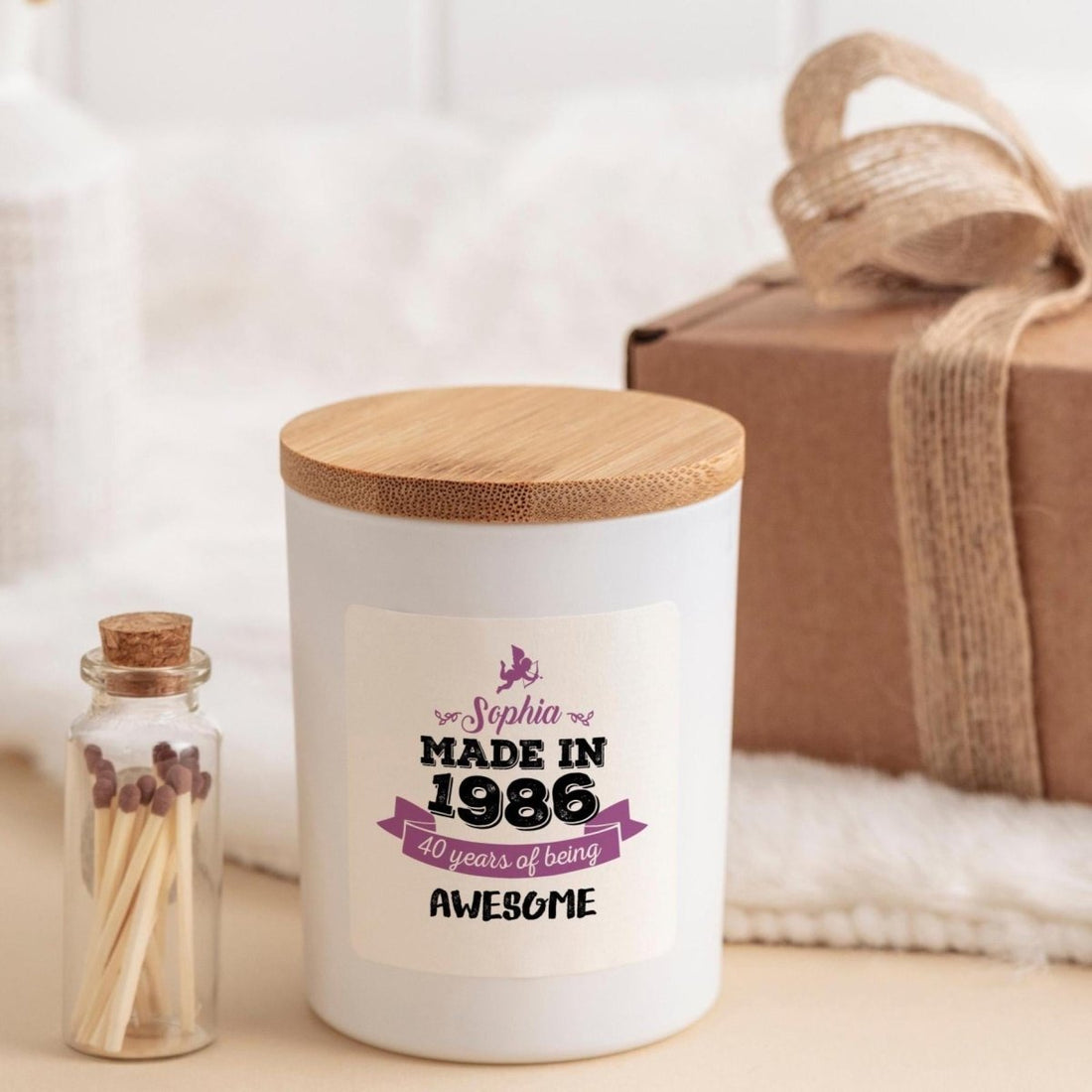 Personalised 40th Birthday Candle Made In Name Gift Set with Ribbon and Matches Jar
