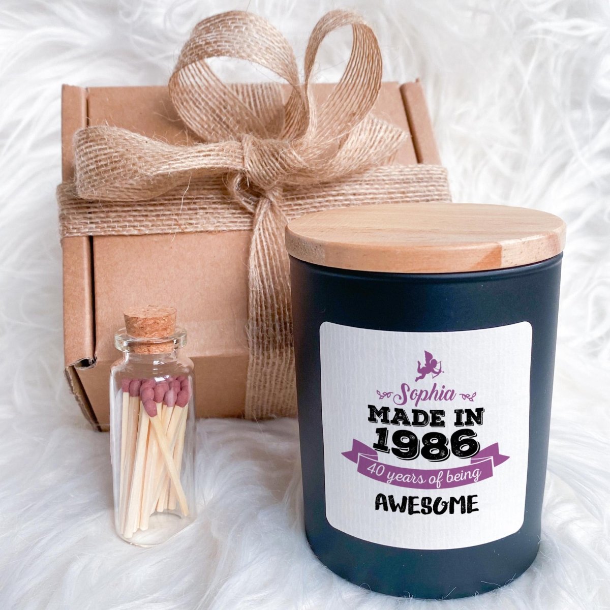 Personalised 40th Birthday Candle Made In Name Gift Set with Ribbon and Matches Jar