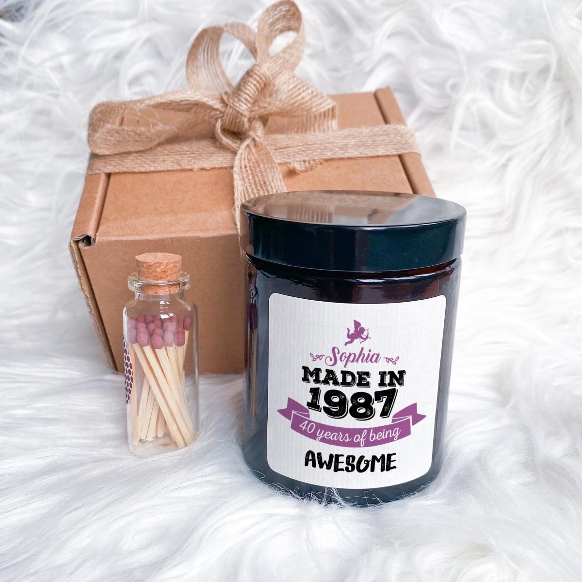 Personalised 40th Birthday Candle Made In Name Gift Set with Ribbon and Matches Jar
