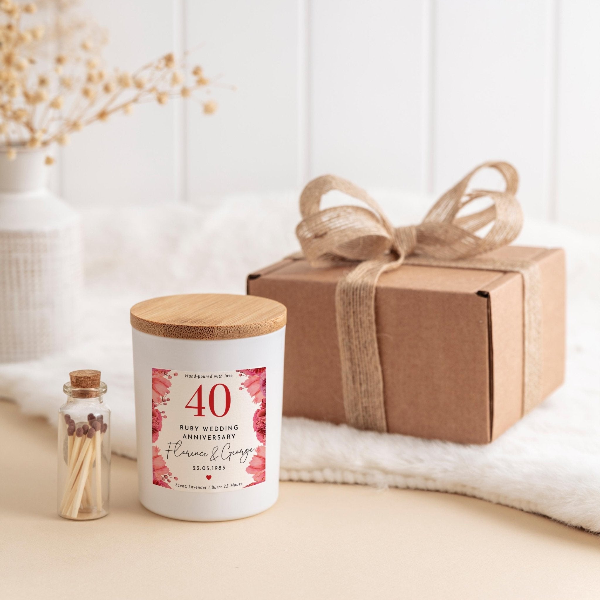 Personalised 40th Ruby Wedding Anniversary Candle Gift for Couples Parents Grandparents or Friends Scented soy wax with Names & Date