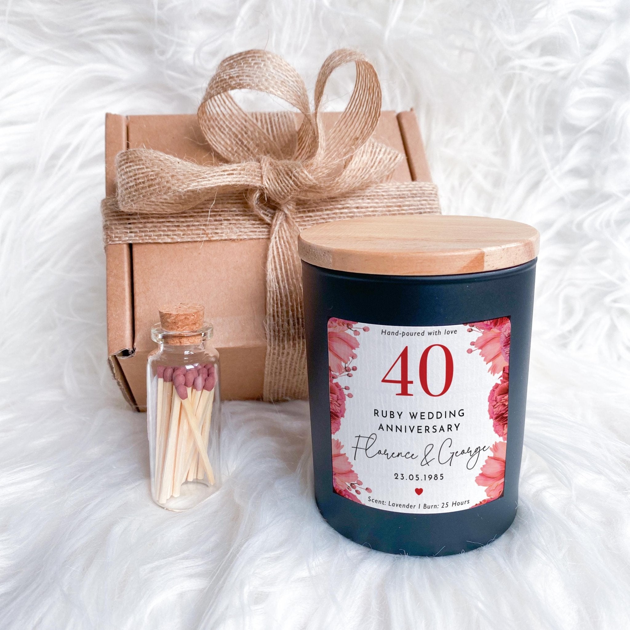 Personalised 40th Ruby Wedding Anniversary Candle Gift for Couples Parents Grandparents or Friends Scented soy wax with Names & Date