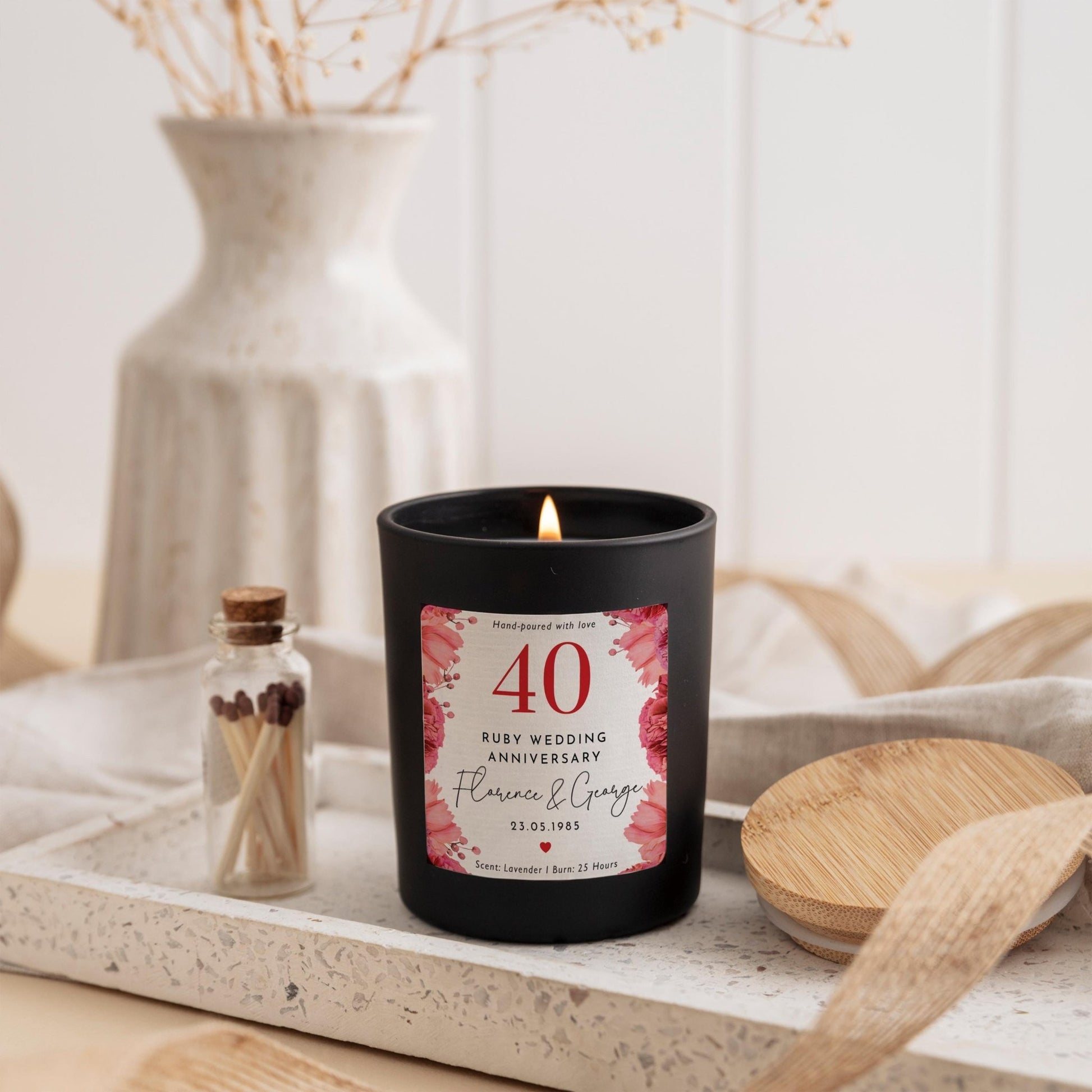 Personalised 40th Ruby Wedding Anniversary Candle Gift for Couples Parents Grandparents or Friends Scented soy wax with Names & Date