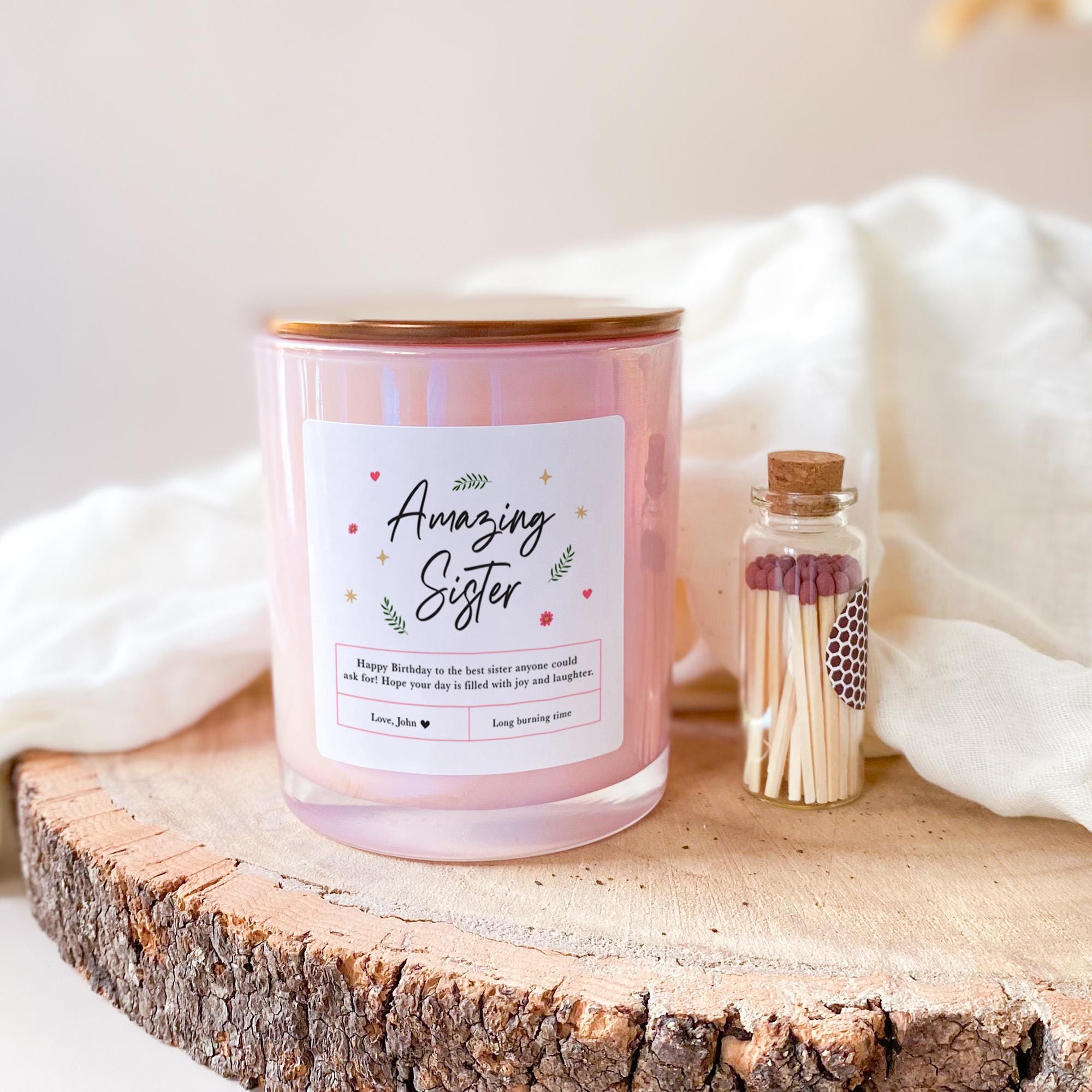Personalised Amazing Sister Scented Soy Wax Candle FREE MATCHES JAR Christmas Birthday Thank you gift for sister Love you Sis Present Vegan