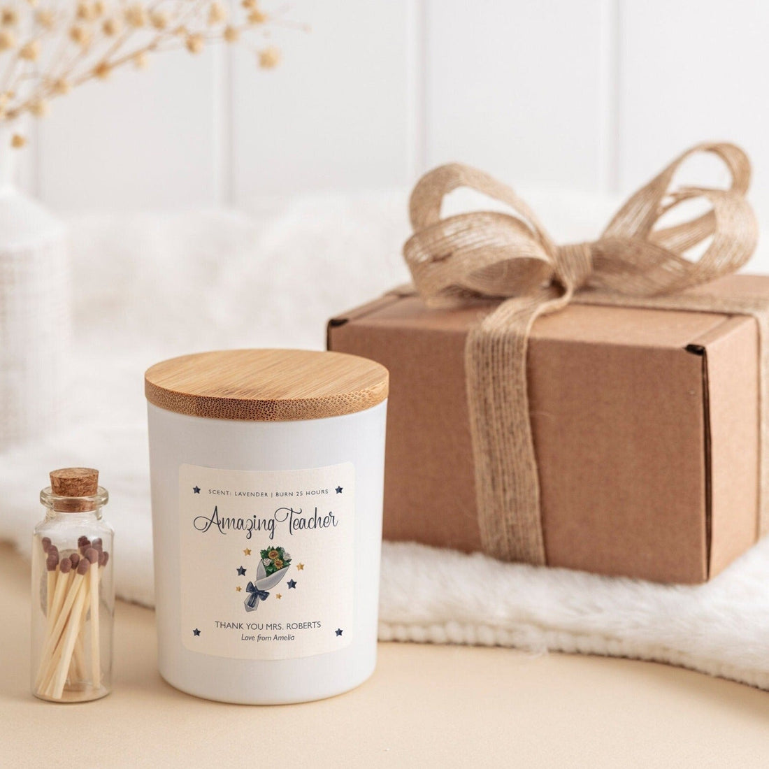 Personalised amazing teacher scented candle, FREE GIFT PACKAGE and mini matches jar Teacher gift with your thank you message Math English