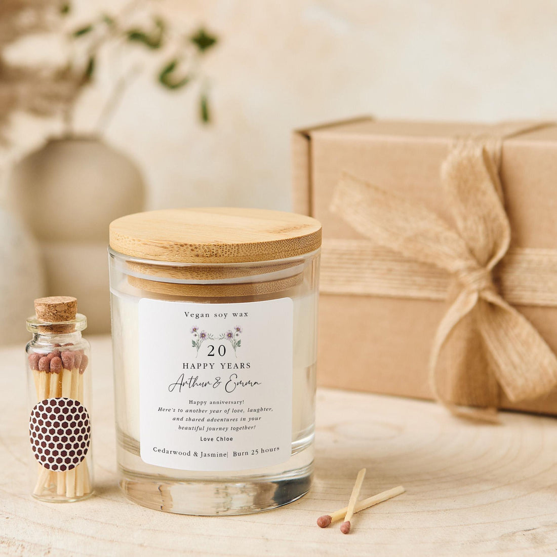 Personalised Anniversary Gift Vegan Candle Happy Years Keepsake with Custom Names and Message Present for Husband, Wife or Couple