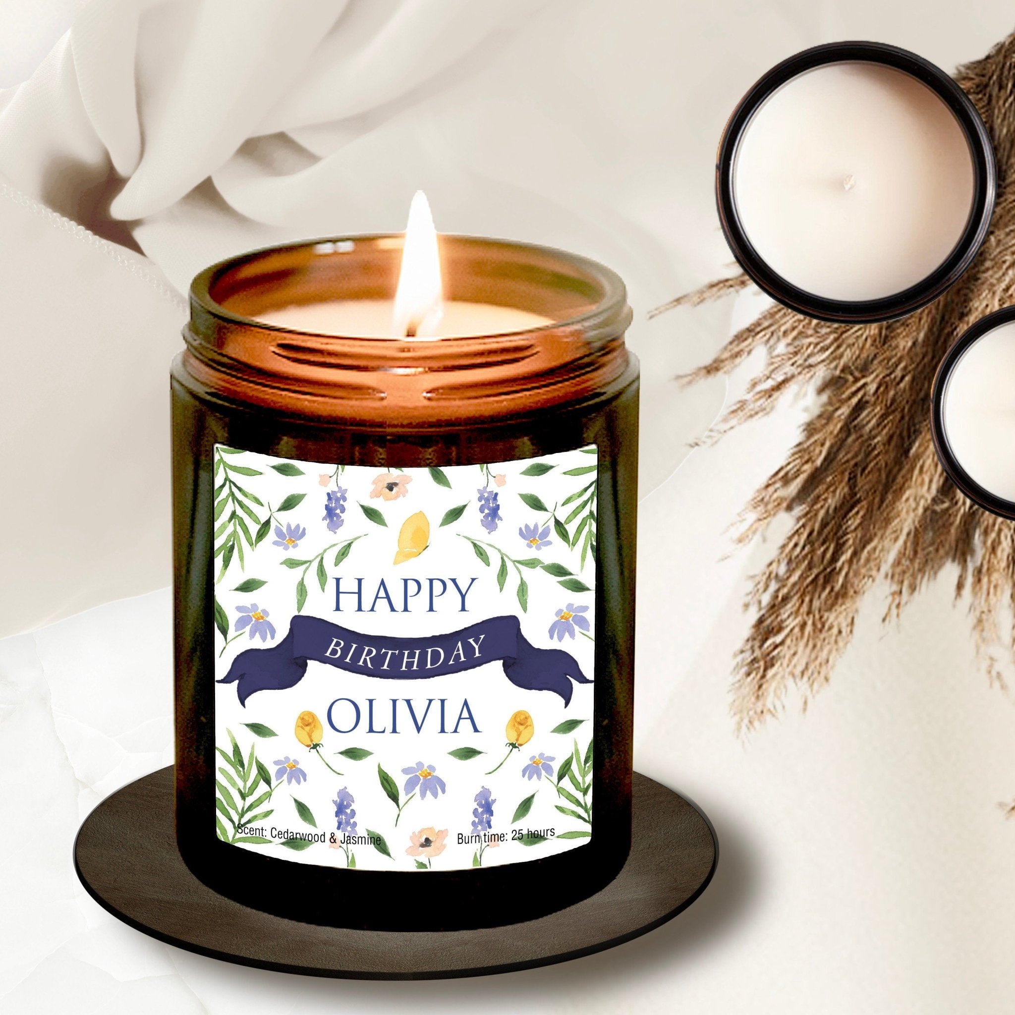 Personalised Birthday Scented Candle with Name, Floral Happy Birthday Gift for Her Him, Colourful Wild Flowers Present Women Girl Teenage