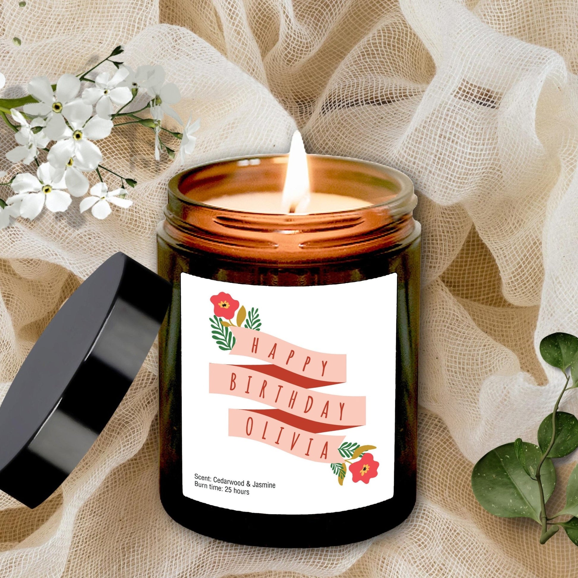 Personalised Birthday Scented Candle with Name, Happy Birthday Gift for Her Him, Colourful Flowers Birthday Present, Women Girl Teenage