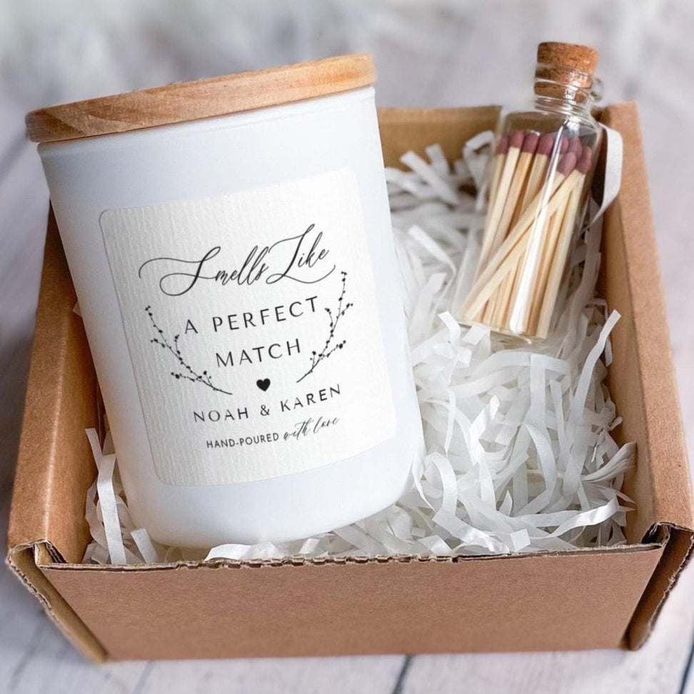 Personalised Candle for Couples with Ribbon Tied Gift Box and Matches Jar