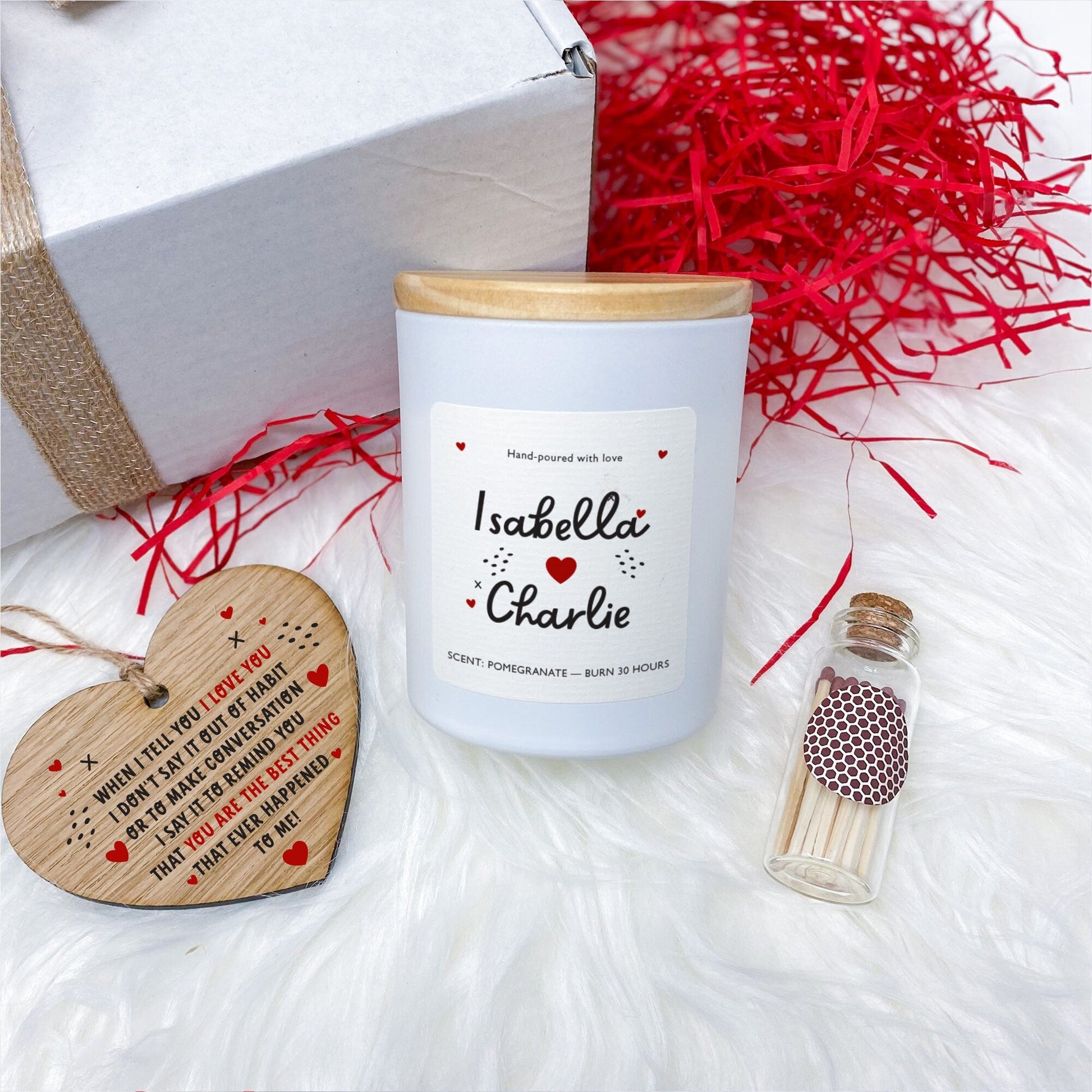 Personalised Candle Set with Wooden Heart with couple names Gift for her him Valentines Day Christmas Birthday Wife Girlfriend Fiancee