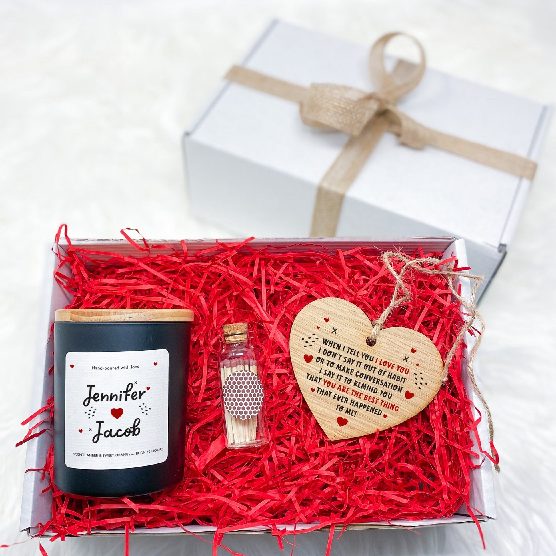 Personalised Candle Set with Wooden Heart with couple names Gift for her him Valentines Day Christmas Birthday Wife Girlfriend Fiancee