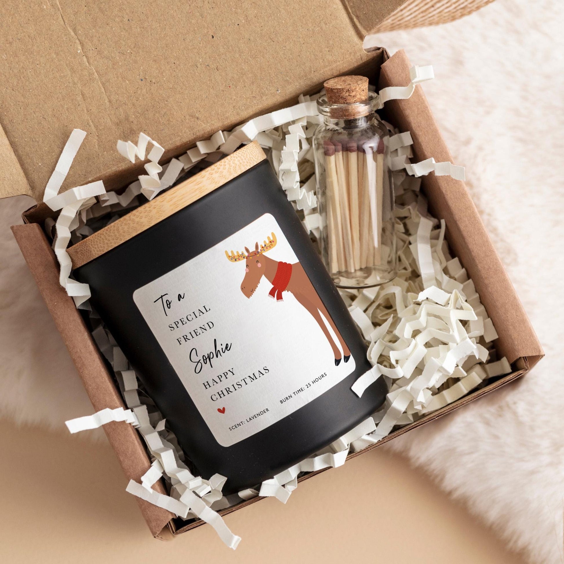 Personalised Christmas Candle Gift for Friend with Name Vegan Soy Wax Candle Free Gift Package and Mini Matches Jar