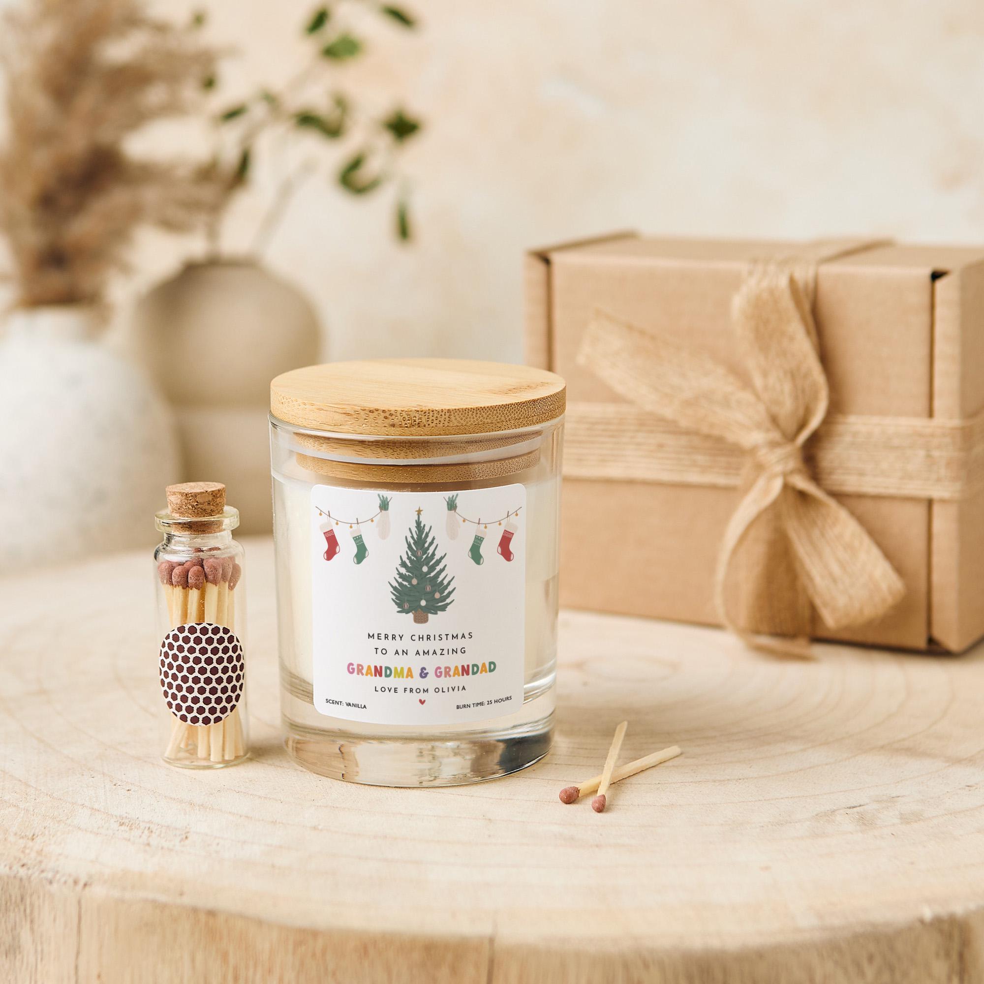 Personalised Christmas Candle Gift for Grandma & Grandad with Name Vegan Soy Wax Candle - Free Gift Package and Mini Matches Jar