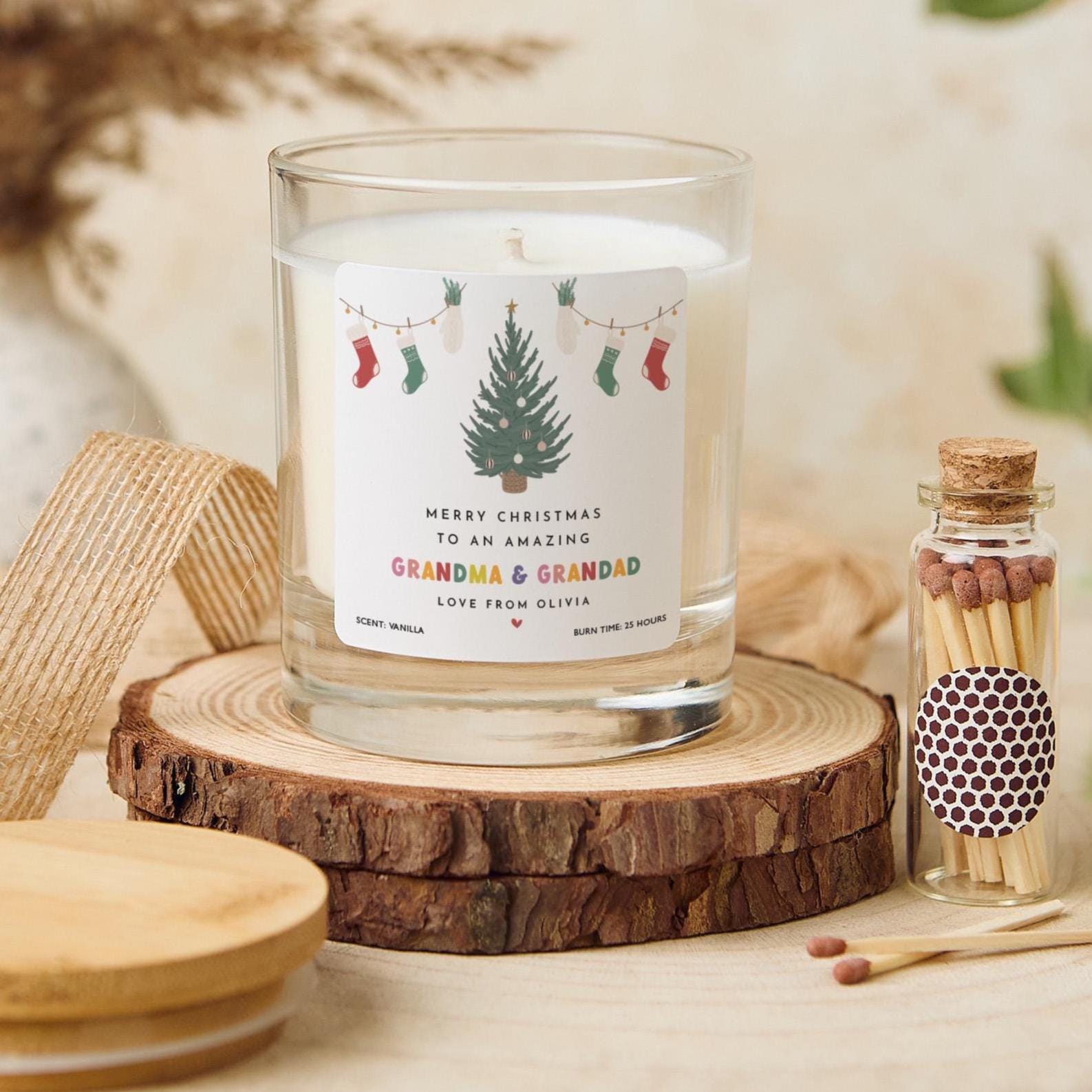 Personalised Christmas Candle Gift for Grandma & Grandad with Name Vegan Soy Wax Candle - Free Gift Package and Mini Matches Jar