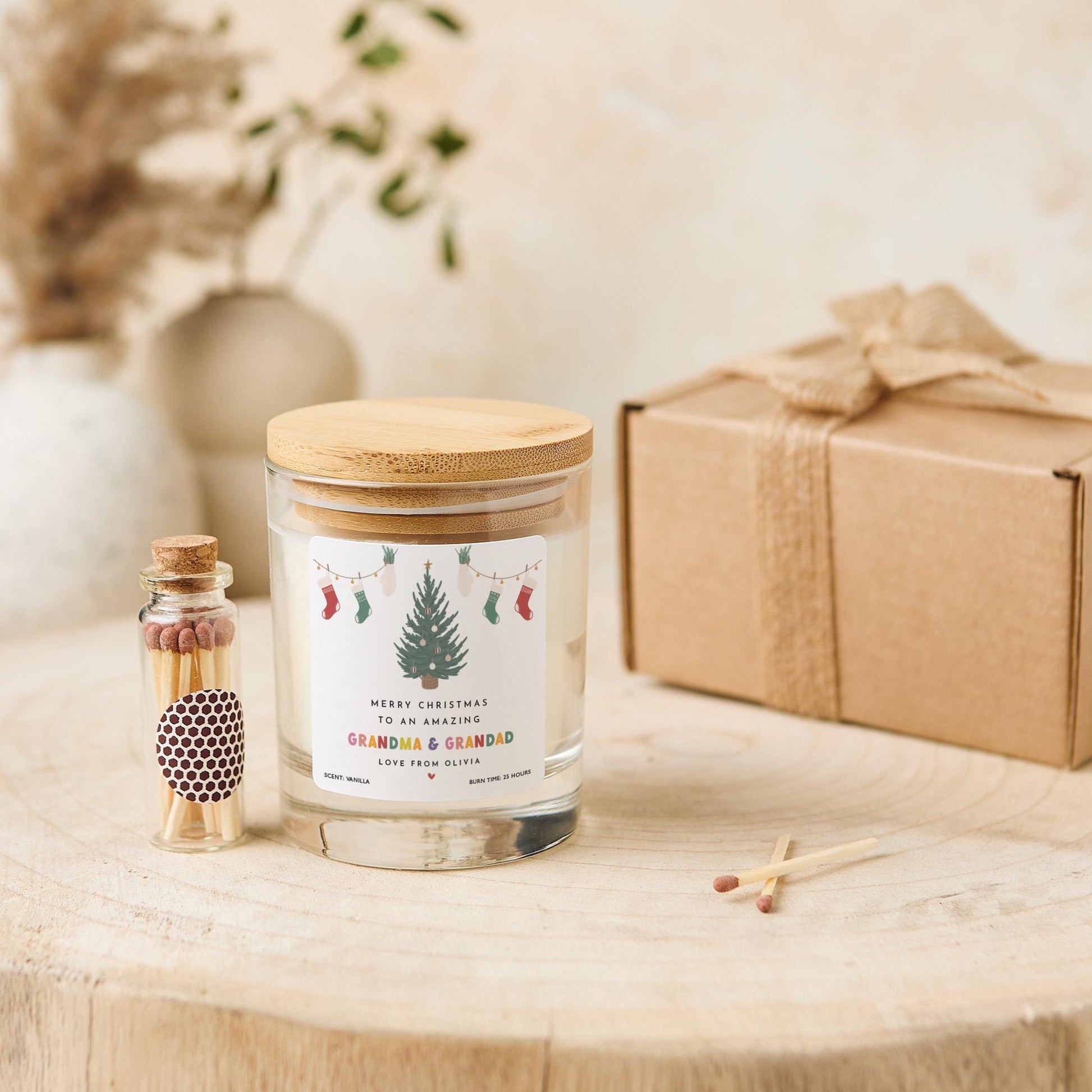 Personalised Christmas Candle Gift for Grandma & Grandad with Name Vegan Soy Wax Candle - Free Gift Package and Mini Matches Jar