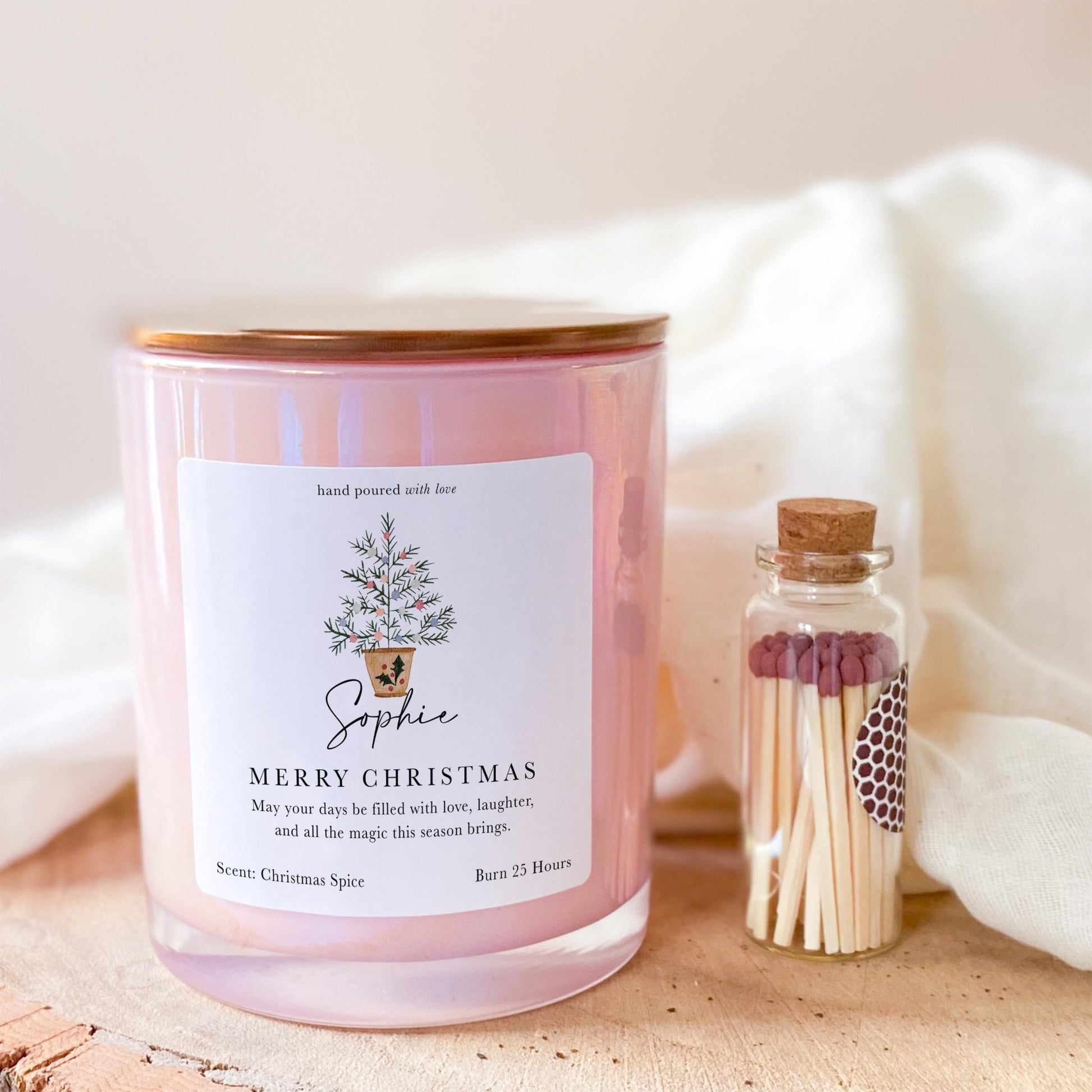 Personalised Christmas Candle Gift for Her with Name Present for Mum Friend Luxurious Set with Mini Matches Jar