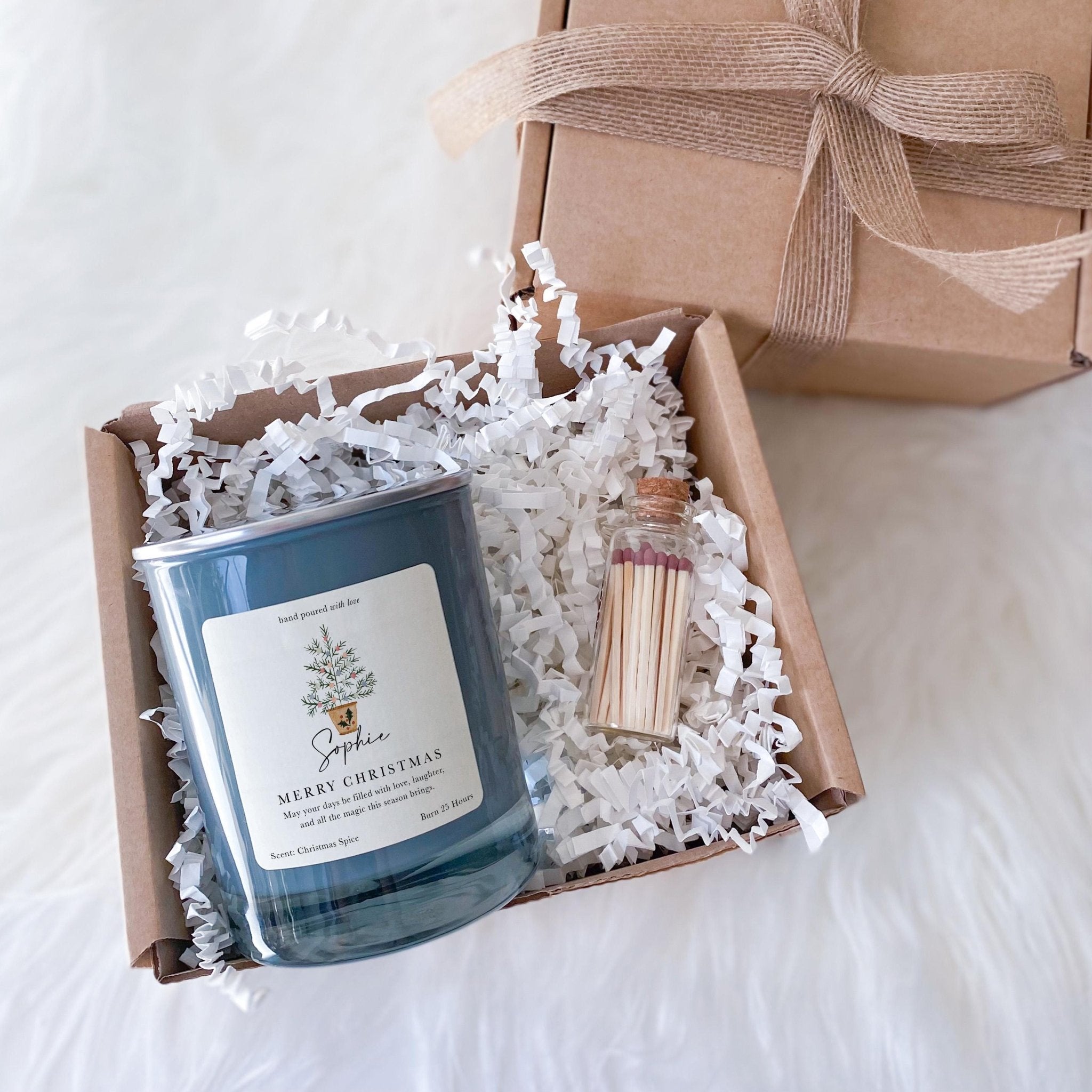 Personalised Christmas Candle Gift for Her with Name Present for Mum Friend Luxurious Set with Mini Matches Jar