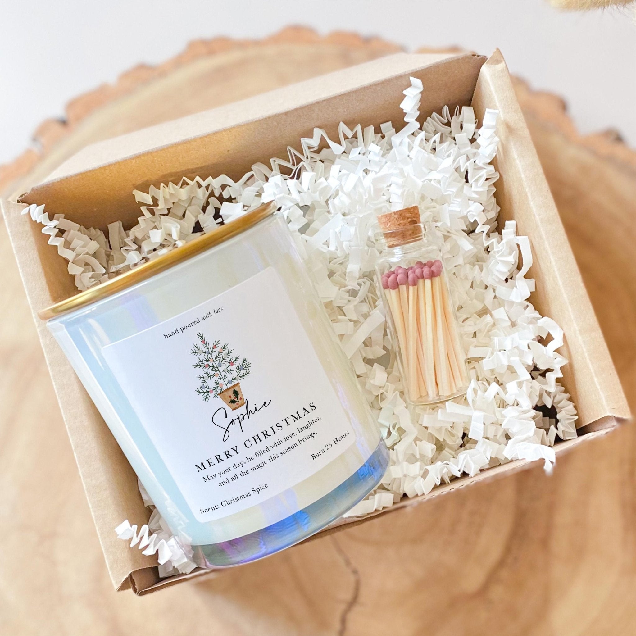 Personalised Christmas Candle Gift for Her with Name Present for Mum Friend Luxurious Set with Mini Matches Jar