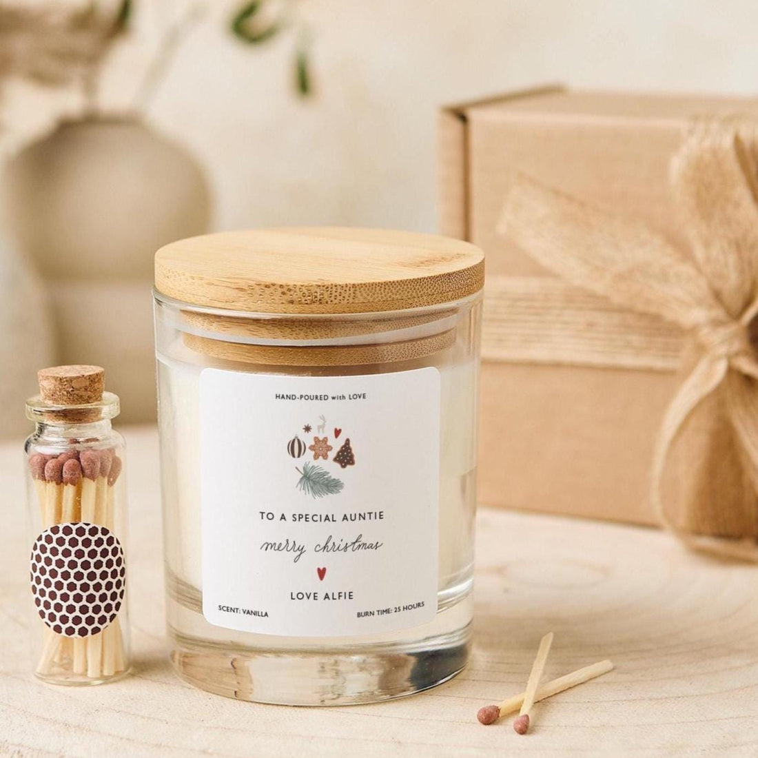 Personalised Christmas Candle Gift Set for Auntie Vegan Soy Wax Candle - Free Gift Box and Mini Matches Jar