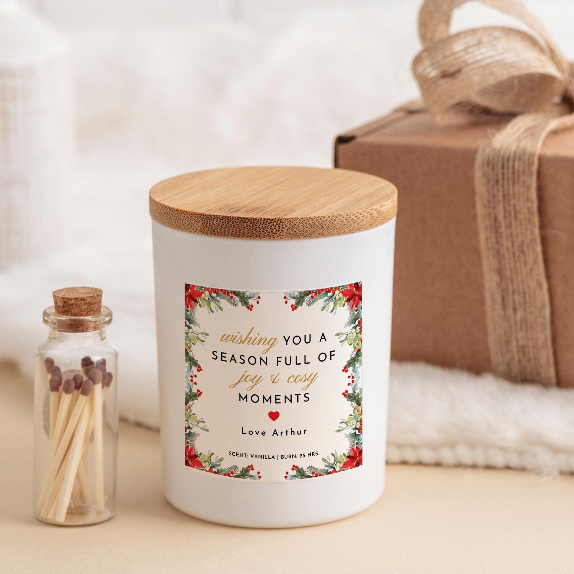 Personalised Christmas Candle Gift with Your Name Joy and Cosy Moments Vegan Soy Wax Free Gift Box and Mini Matches Jar Xmas Present for Her