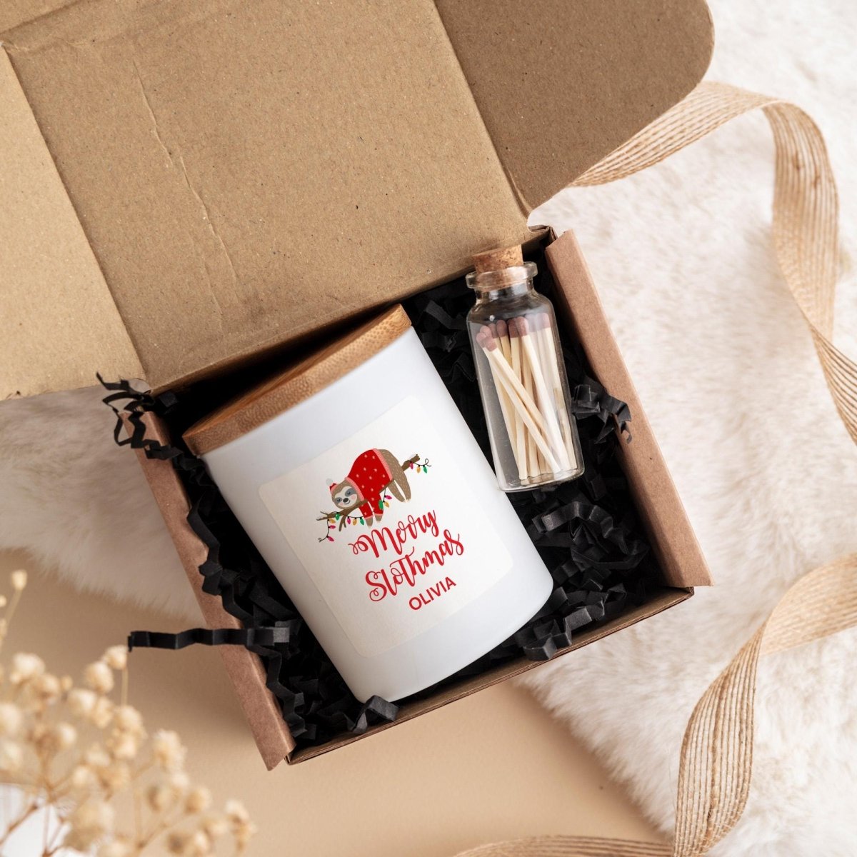 Personalised Christmas Candle Merry Slothmas Custom Name Gift Sloth