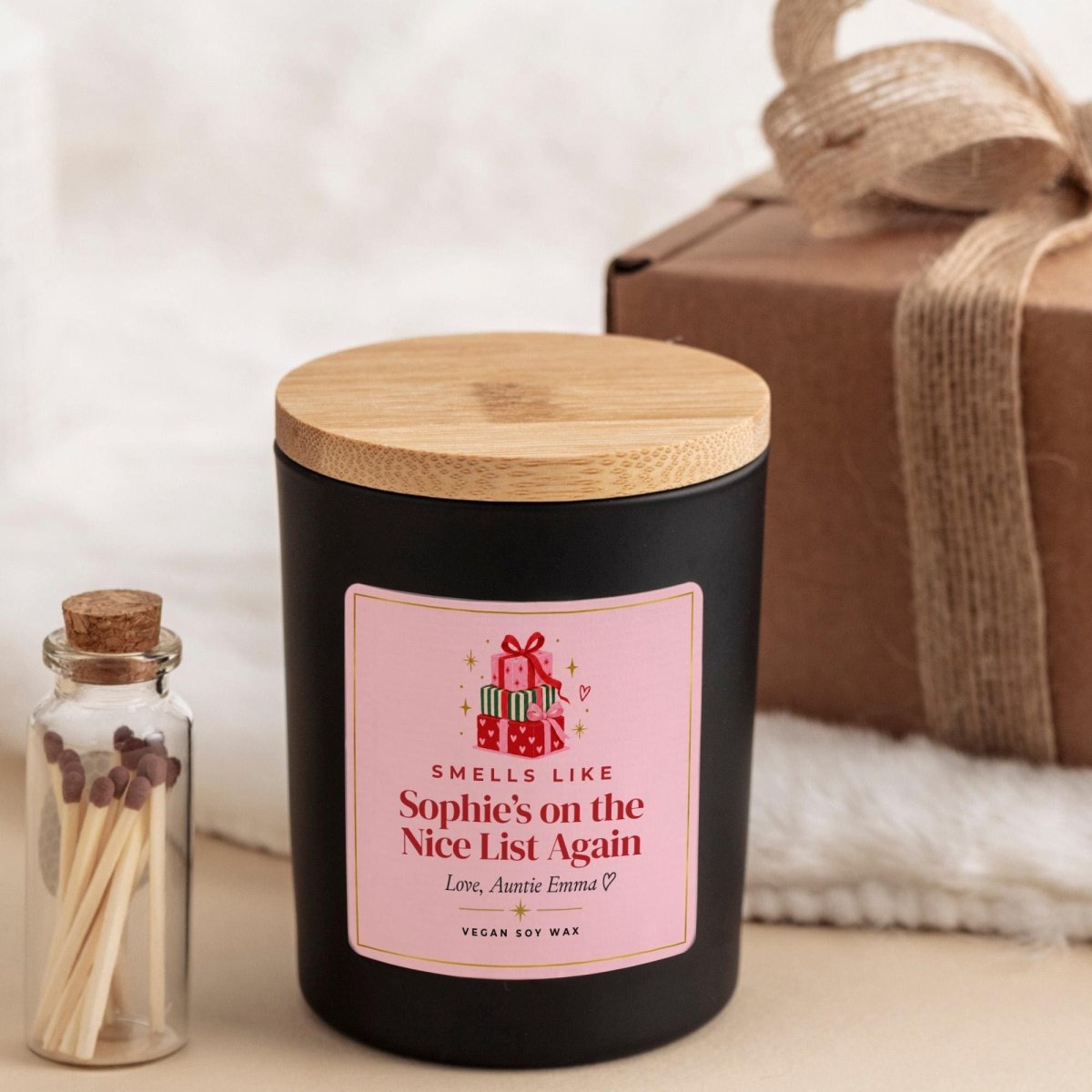 Personalised Christmas Candle with Ribbon Tied Gift Box and Matches Jar, Nice List Gift
