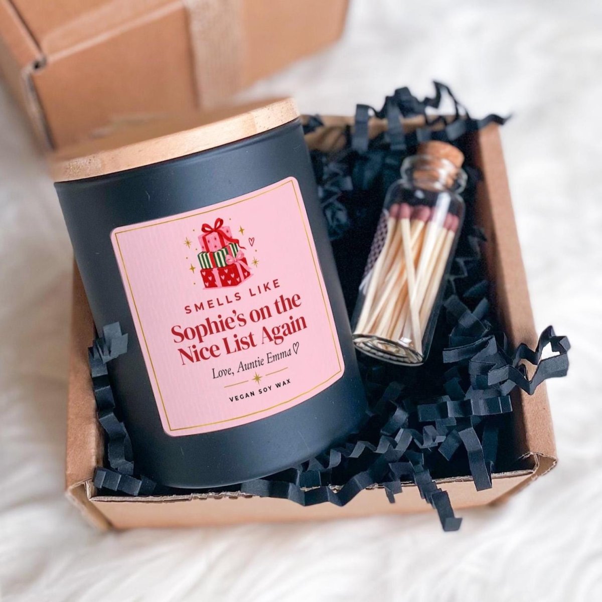 Personalised Christmas Candle with Ribbon Tied Gift Box and Matches Jar, Nice List Gift