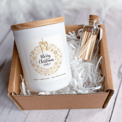 Personalised Christmas Scented Candle Gift Box for Her Him, Gold Christmas Wreath, Cosy Stylish Unique Vegan Xmas Present, Hygge Gift