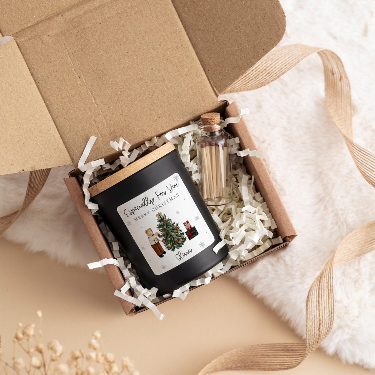 Personalised Christmas Soy Wax Candle - Festive Gift Set with Matches Jar
