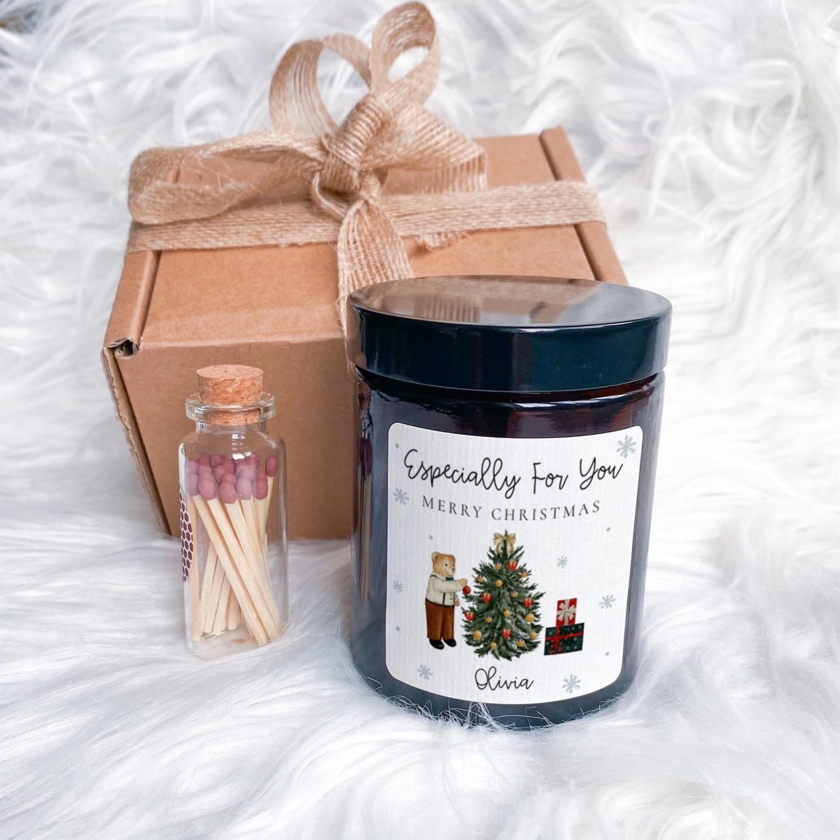Personalised Christmas Soy Wax Candle - Festive Gift Set with Matches Jar