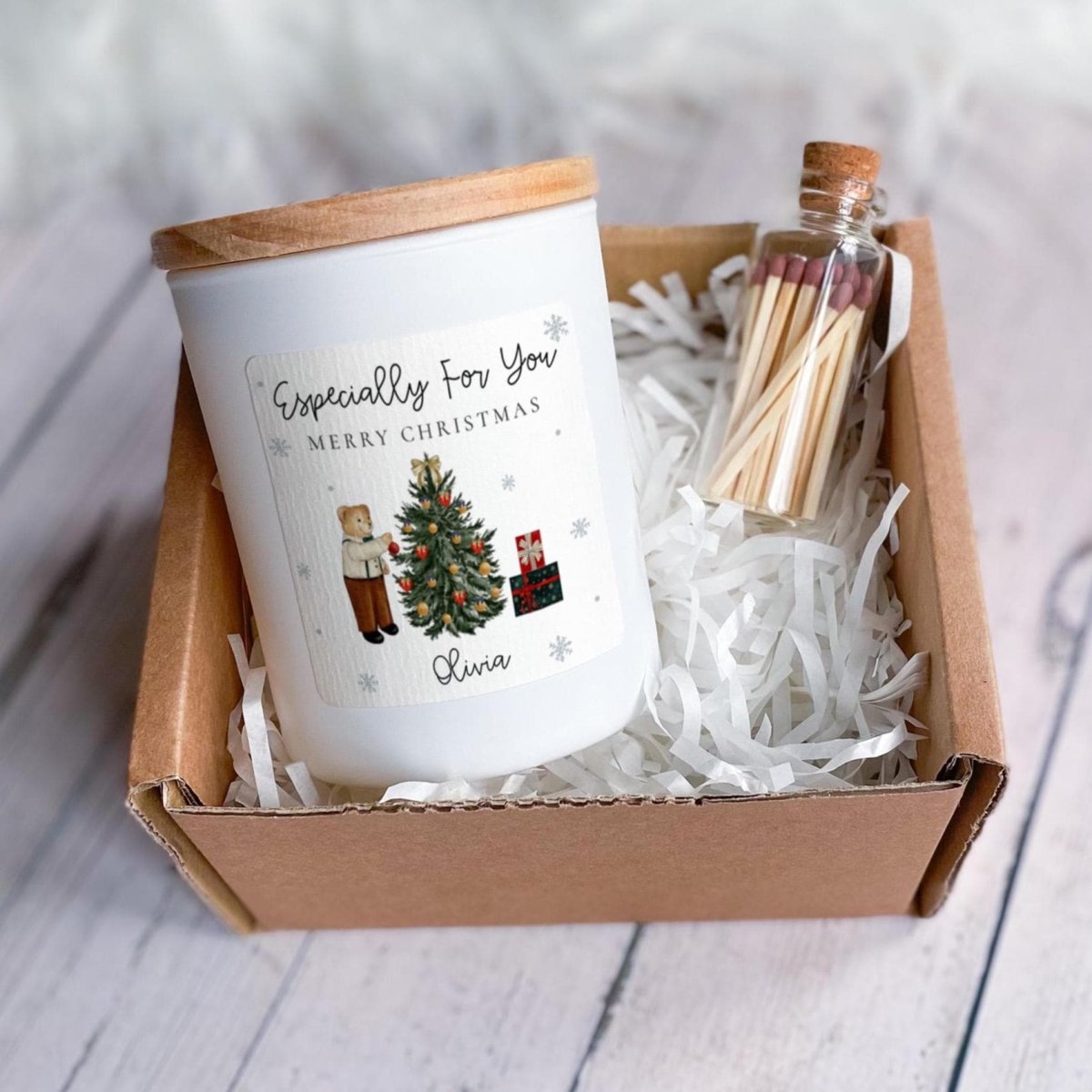 Personalised Christmas Soy Wax Candle - Festive Gift Set with Matches Jar