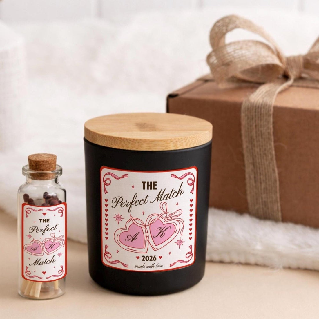 Personalised Couple Candle Gift Box with Matches Jar – Romantic Valentine’s or Anniversary Present