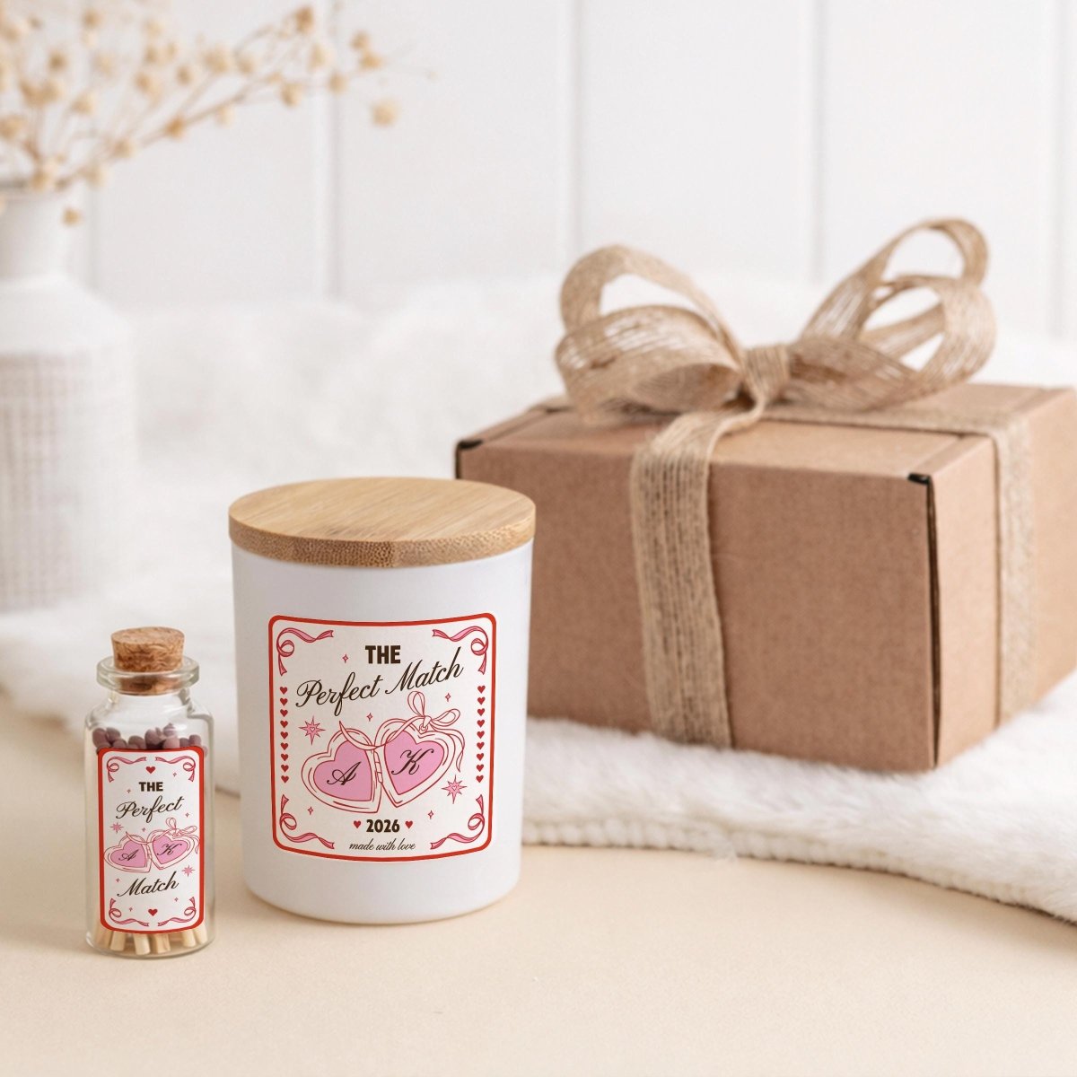 Personalised Couple Candle Gift Box with Matches Jar – Romantic Valentine’s or Anniversary Present