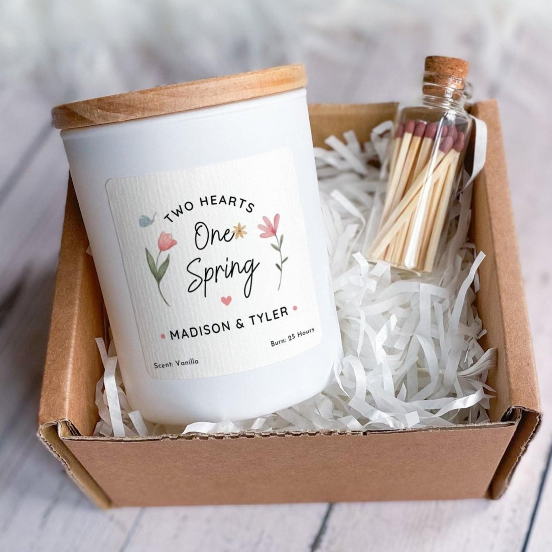 Personalised Couple Candle Gift, Two Hearts One Spring Soy Wax Wedding Candle