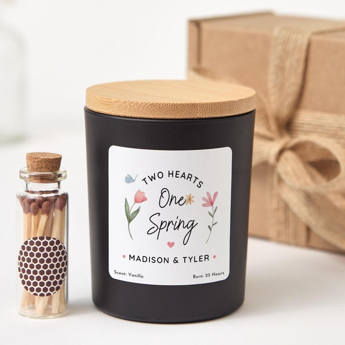 Personalised Couple Candle Gift, Two Hearts One Spring Soy Wax Wedding Candle