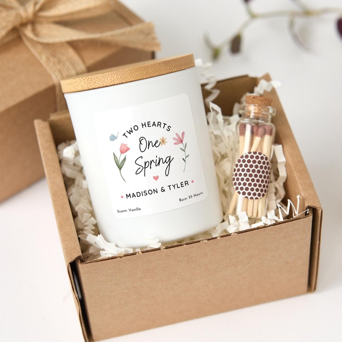 Personalised Couple Candle Gift, Two Hearts One Spring Soy Wax Wedding Candle
