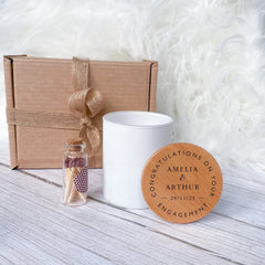 Personalised Engagement Candle with Wooden Engraving Lid, Gift for Engaged Couple, Hand Poured Luxury Keepsake Congratulations on Your