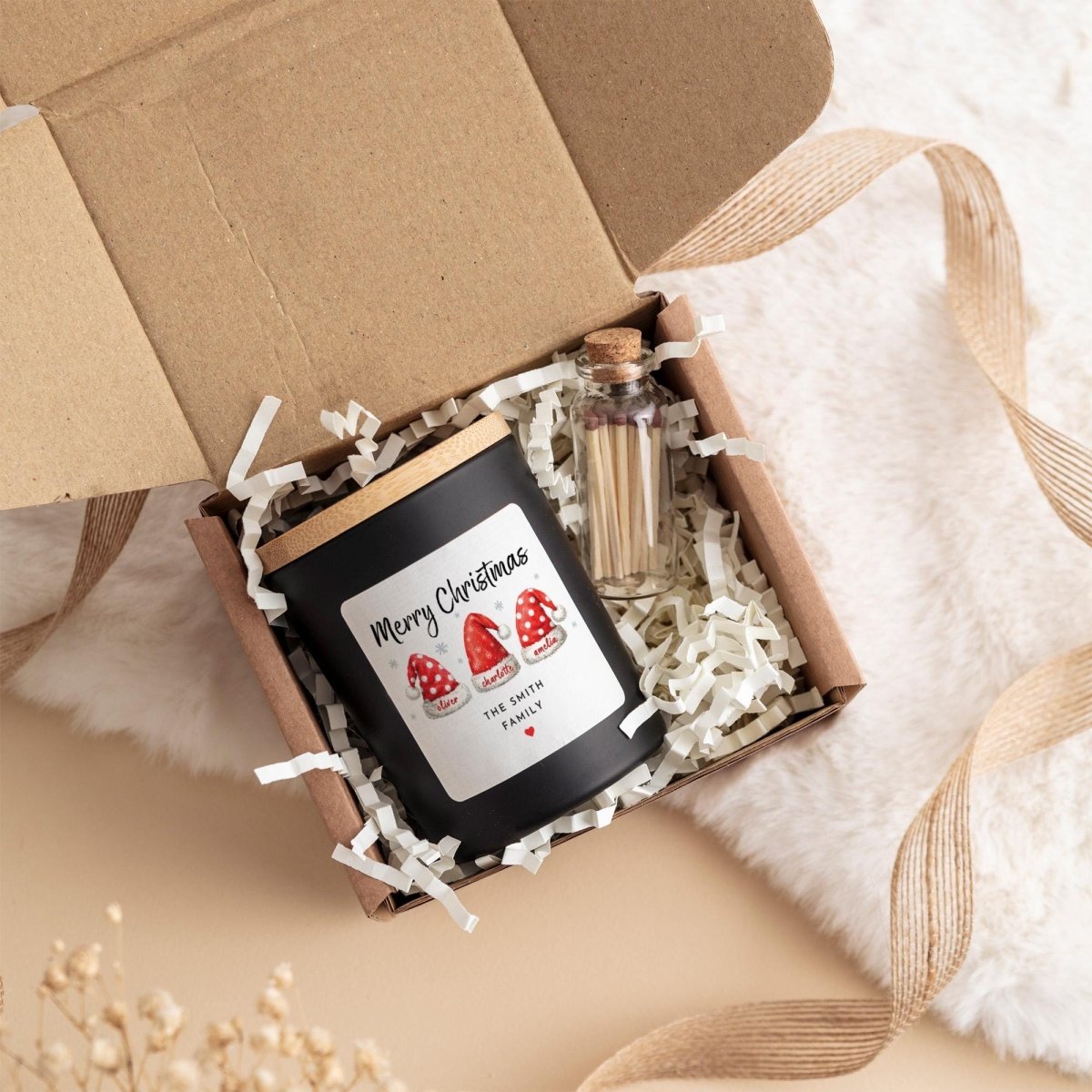Personalised Family Christmas Candle Gift Set with Ribbon and Matches Jar