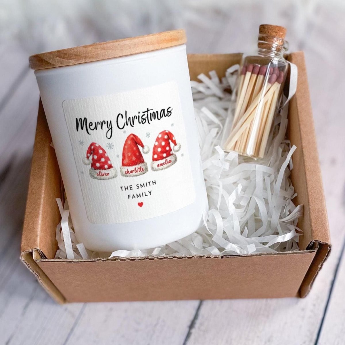 Personalised Family Christmas Candle Gift Set with Ribbon and Matches Jar