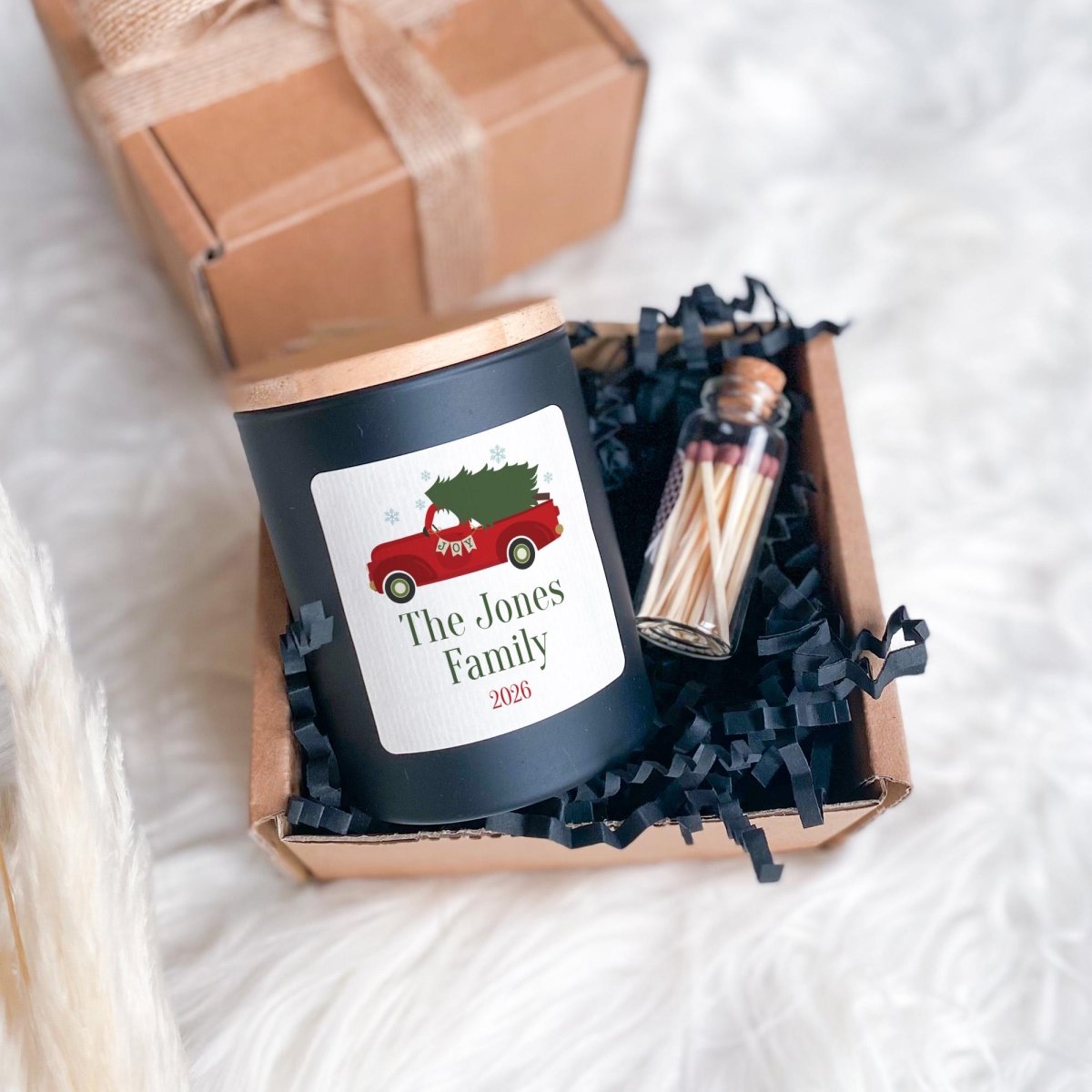 Personalised Family Name Christmas Candle, Custom Lastname Present, Red Truck Design, Holiday Keepsake Gift