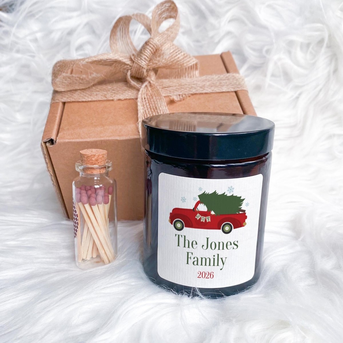 Personalised Family Name Christmas Candle, Custom Lastname Present, Red Truck Design, Holiday Keepsake Gift