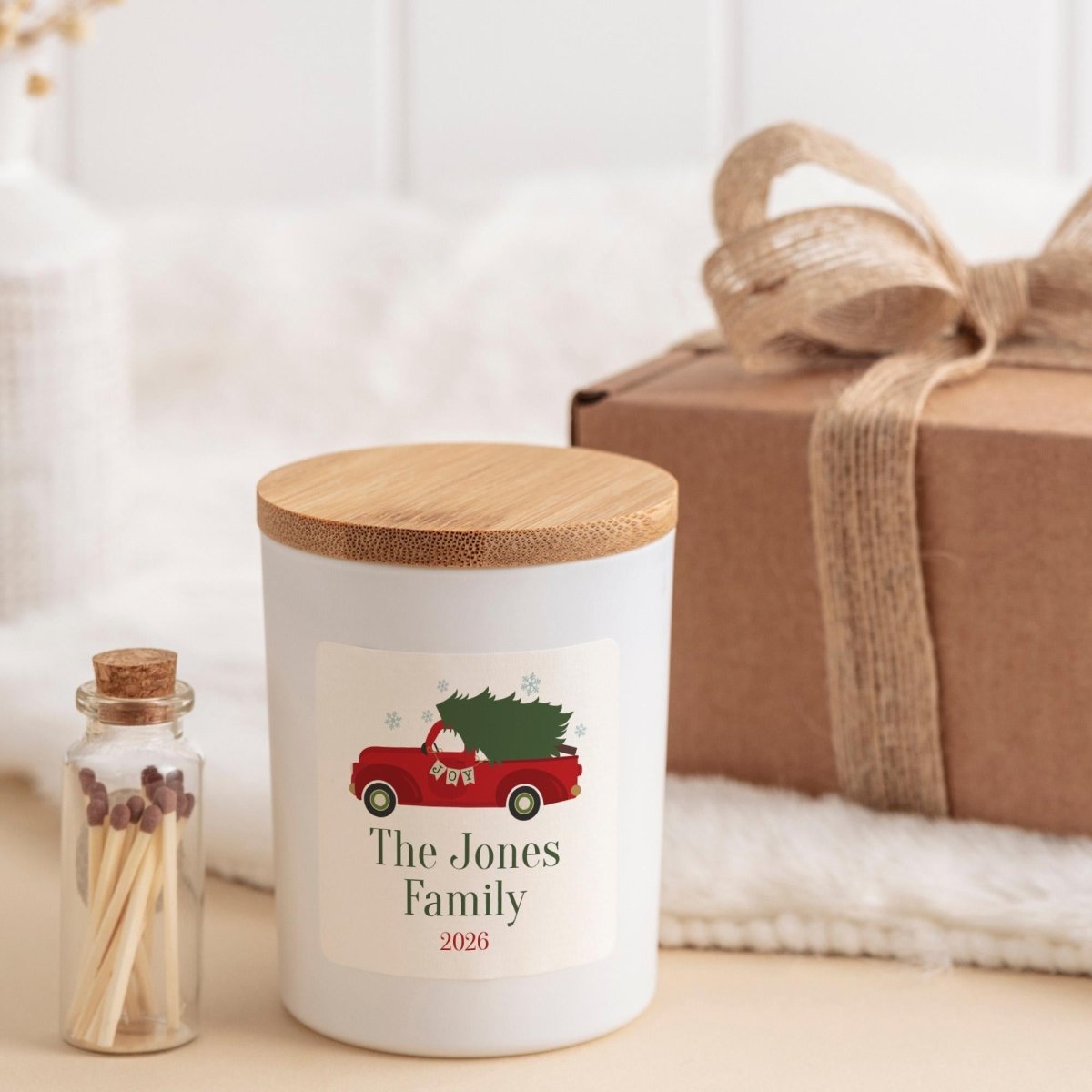 Personalised Family Name Christmas Candle, Custom Lastname Present, Red Truck Design, Holiday Keepsake Gift