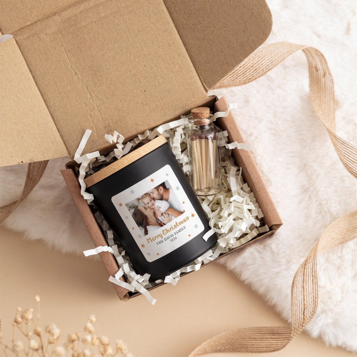 Personalised Family Photo Christmas Candle Gift Set with Ribboned Box and Matches Jar