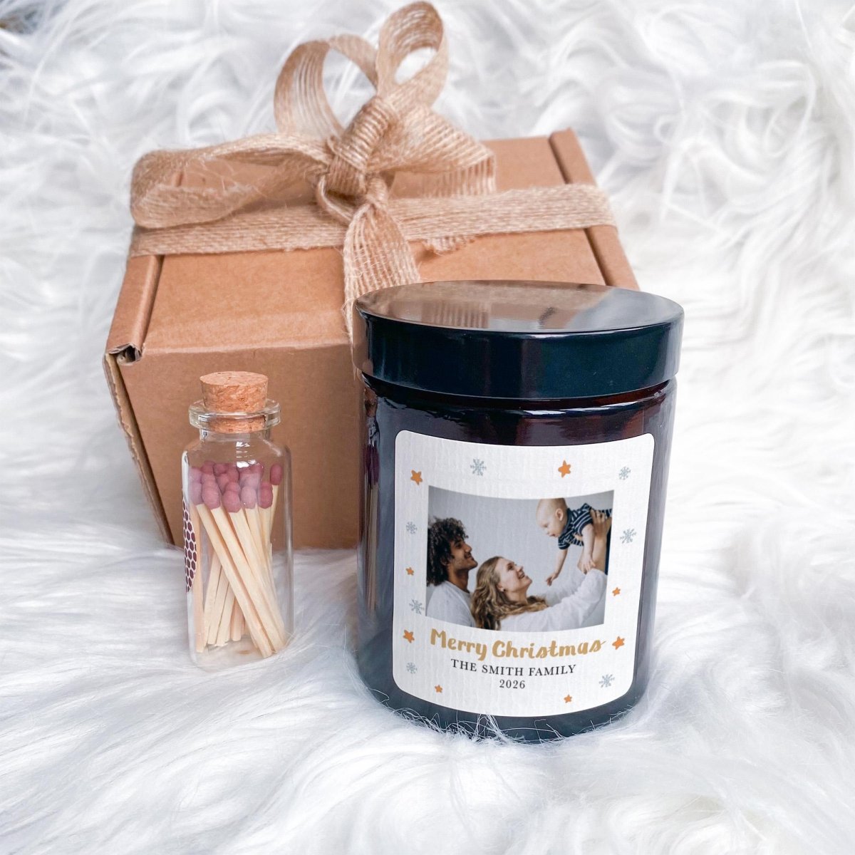 Personalised Family Photo Christmas Candle Gift Set with Ribboned Box and Matches Jar