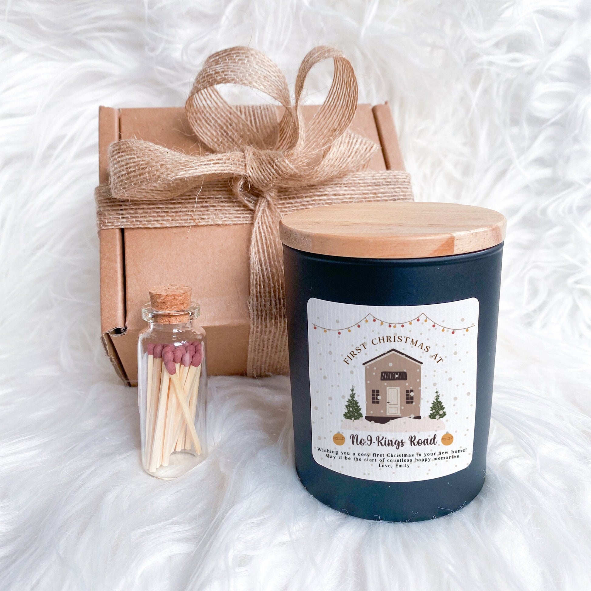 Personalised First Christmas at New Home Scented Candle Gift Set, Gift for New Home with Address and Your Text, Xmas Present Couple
