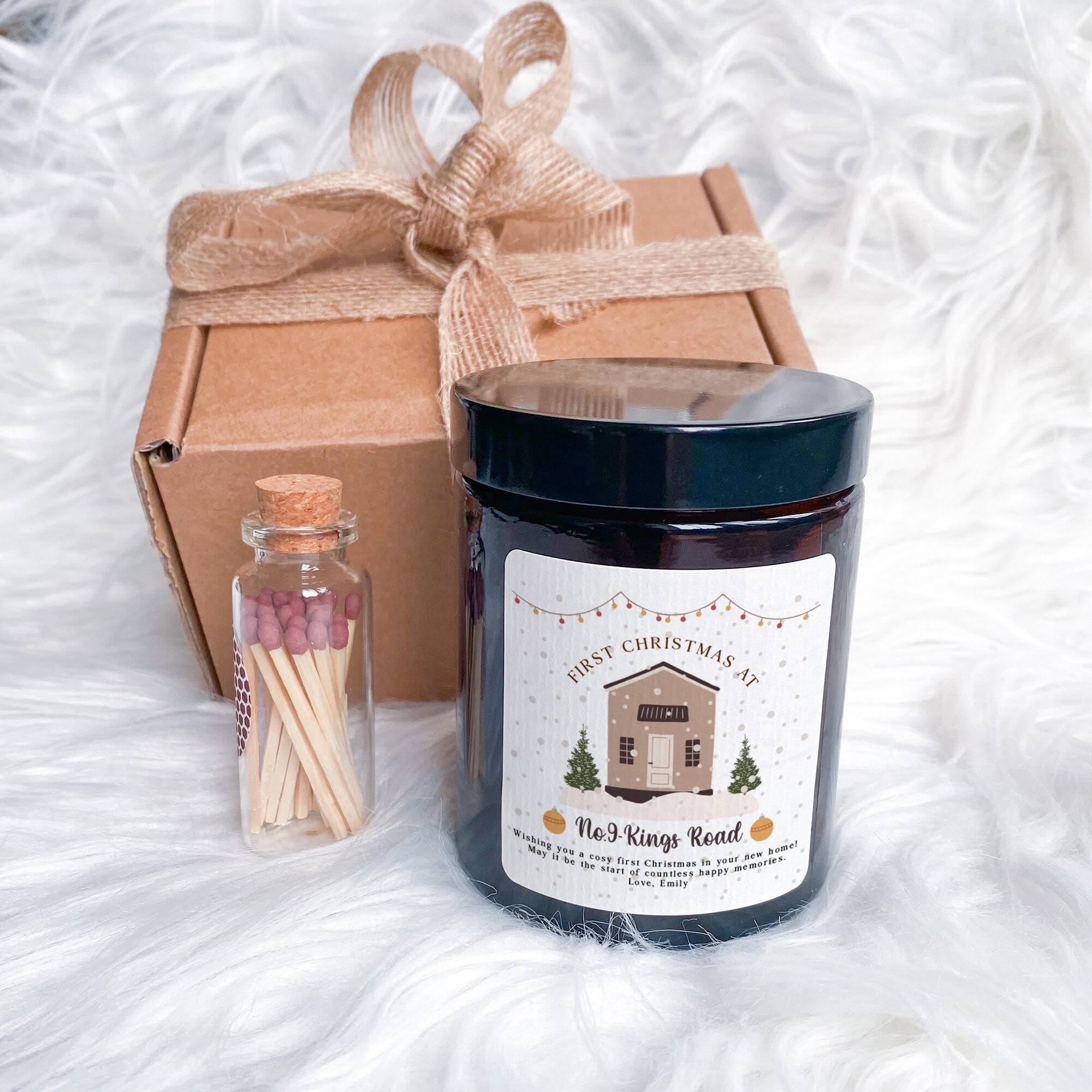 Personalised First Christmas at New Home Scented Candle Gift Set, Gift for New Home with Address and Your Text, Xmas Present Couple