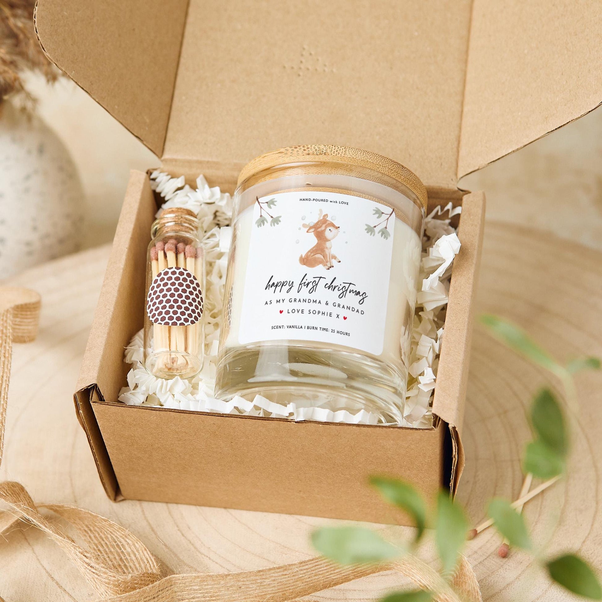 Personalised First Christmas Candle Gift for Grandma and Grandpa Vegan Soy Wax Candle Free Gift Package and Mini Matches Jar