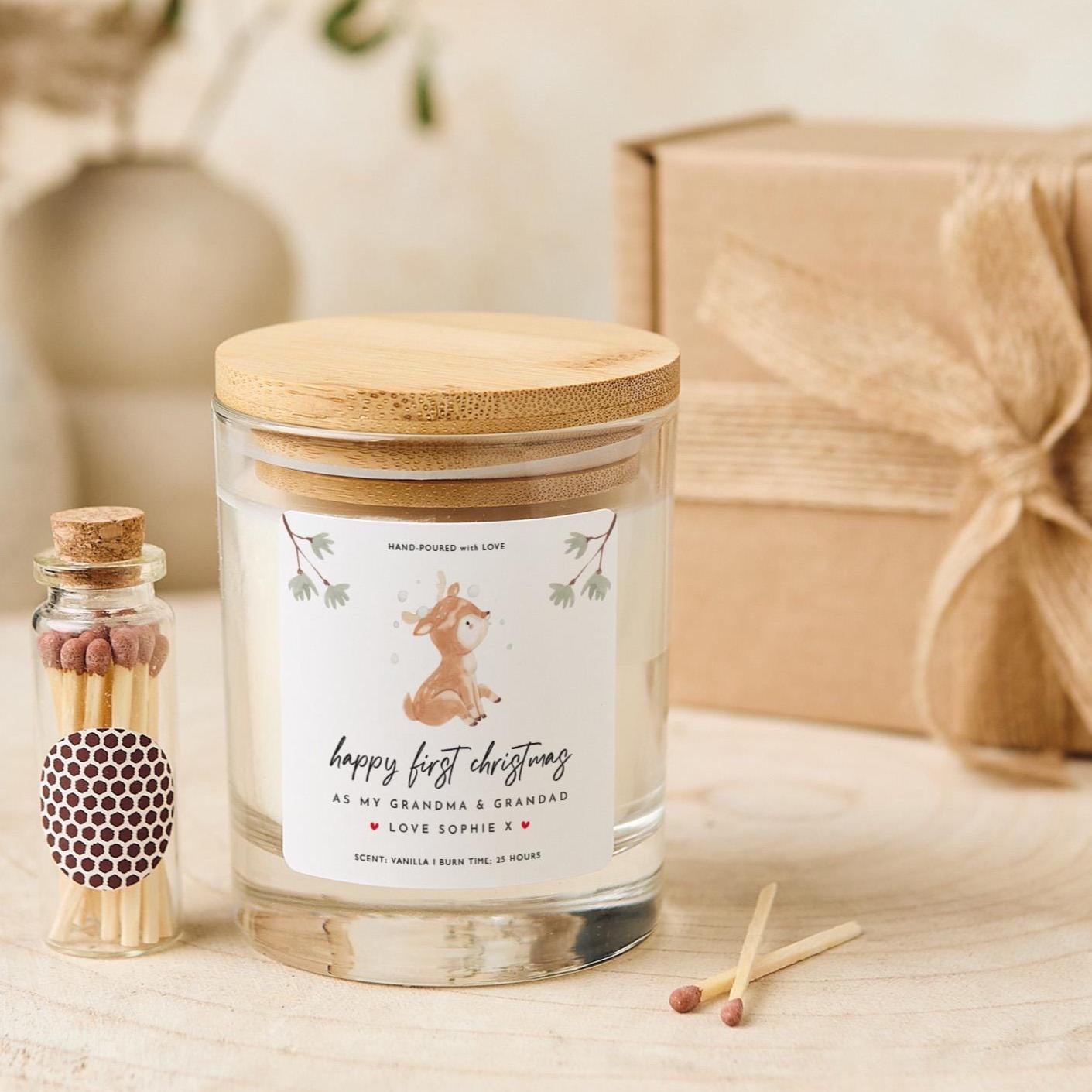 Personalised First Christmas Candle Gift for Grandma and Grandpa Vegan Soy Wax Candle Free Gift Package and Mini Matches Jar