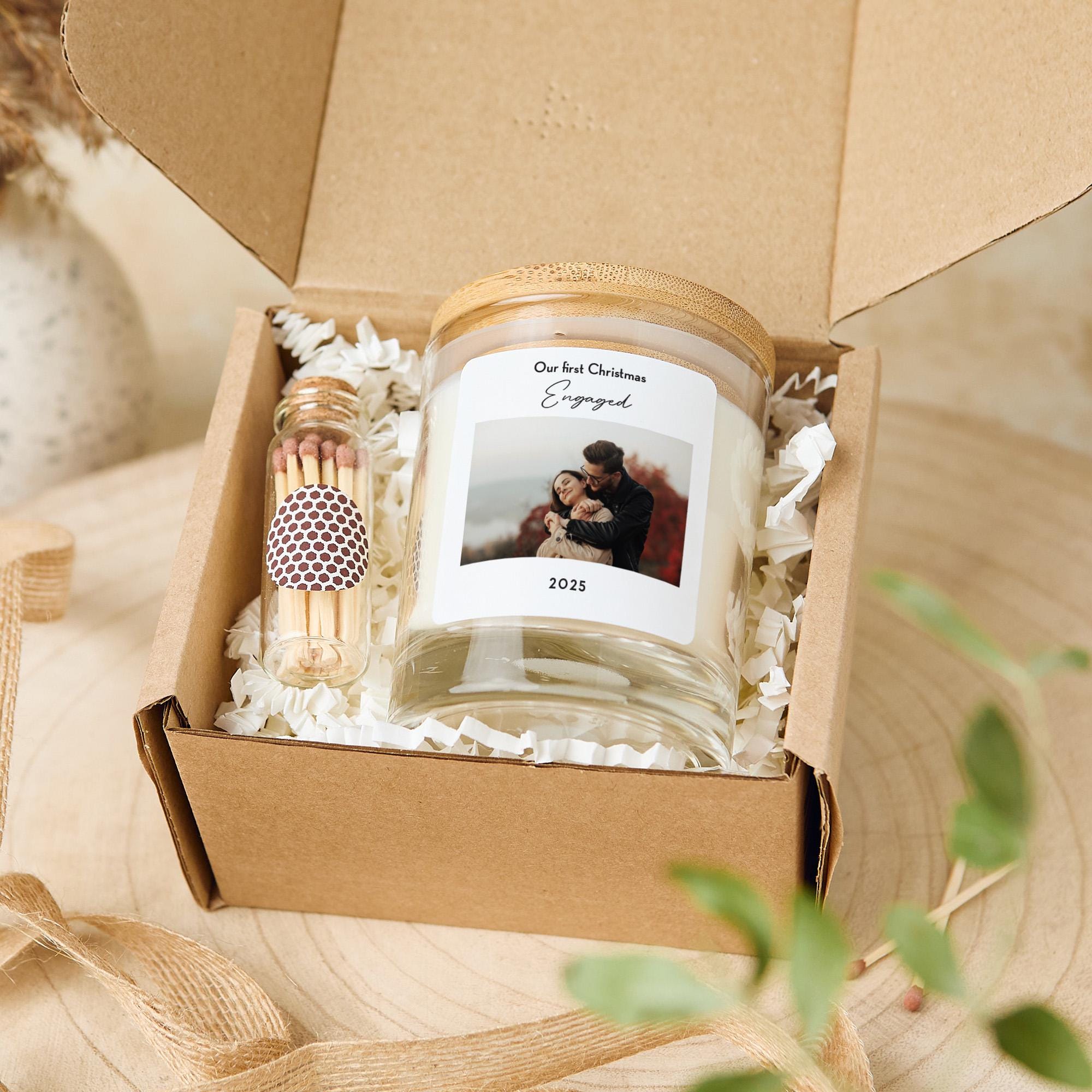 Personalised First Christmas Engaged Candle Gift with Photo 1st Xmas Engagement Gift for Fiancee Fiance